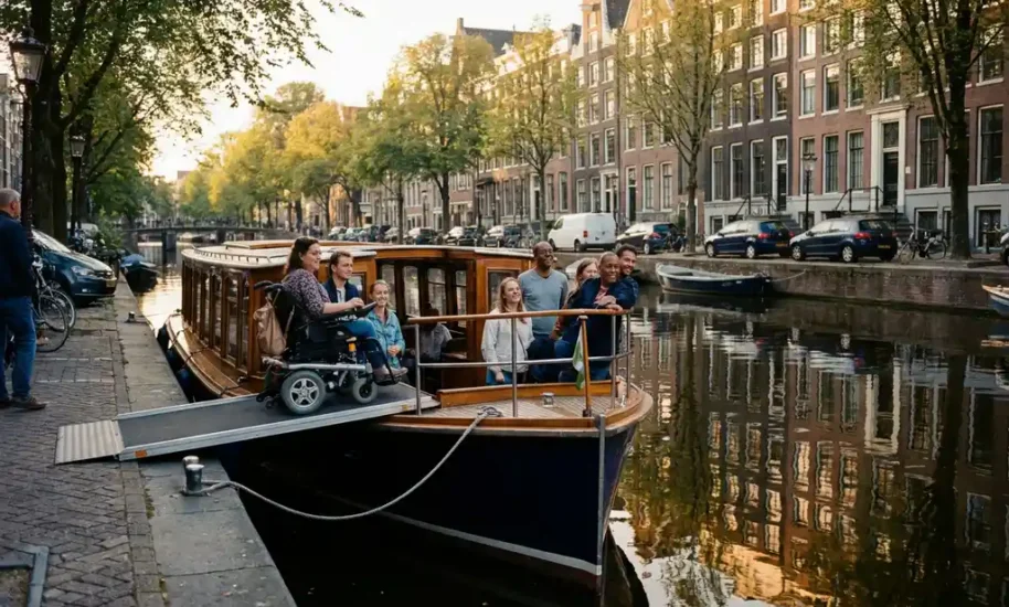 Wheelchair-accessible canal boat with ramp on Amsterdam's Herengracht canal, diverse tourists including wheelchair user enjoying historic gabled houses reflecting in water during golden afternoon light.