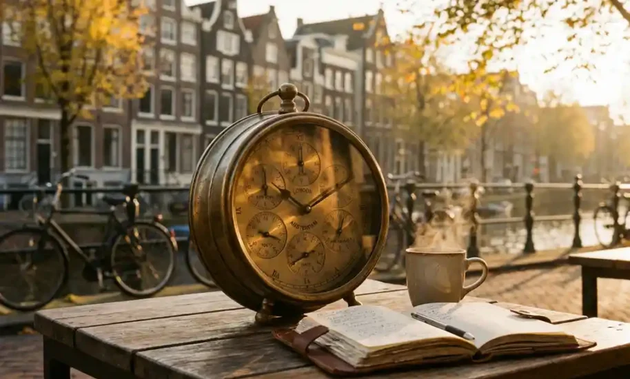 Vintage brass world clock on canal-side café table in Amsterdam with gabled houses, steaming coffee cup and notebook nearby